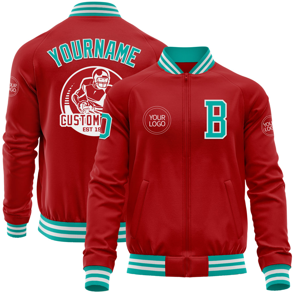 Custom Red Aqua-White Bomber Varsity Letterman Zipper Jacket