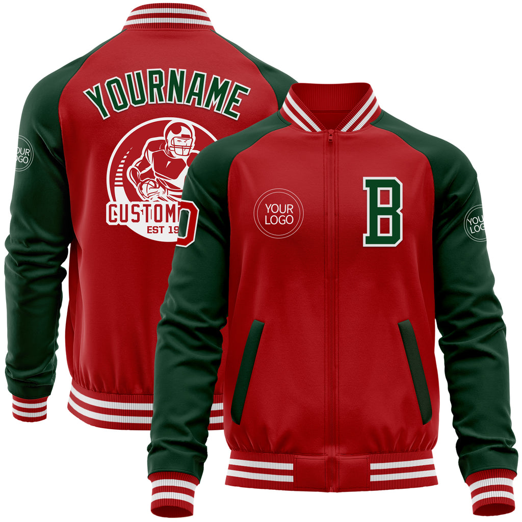 Custom Red Green-White Bomber Varsity Letterman Two Tone Zipper Jacket