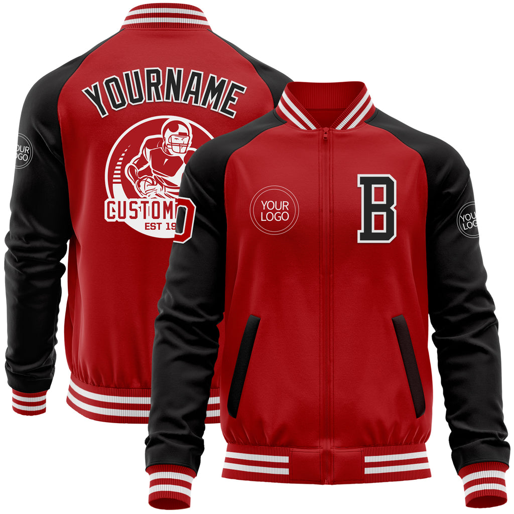 Custom Red Black-White Bomber Varsity Letterman Two Tone Zipper Jacket