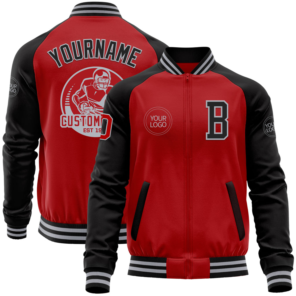 Custom Red Black-Gray Bomber Varsity Letterman Two Tone Zipper Jacket