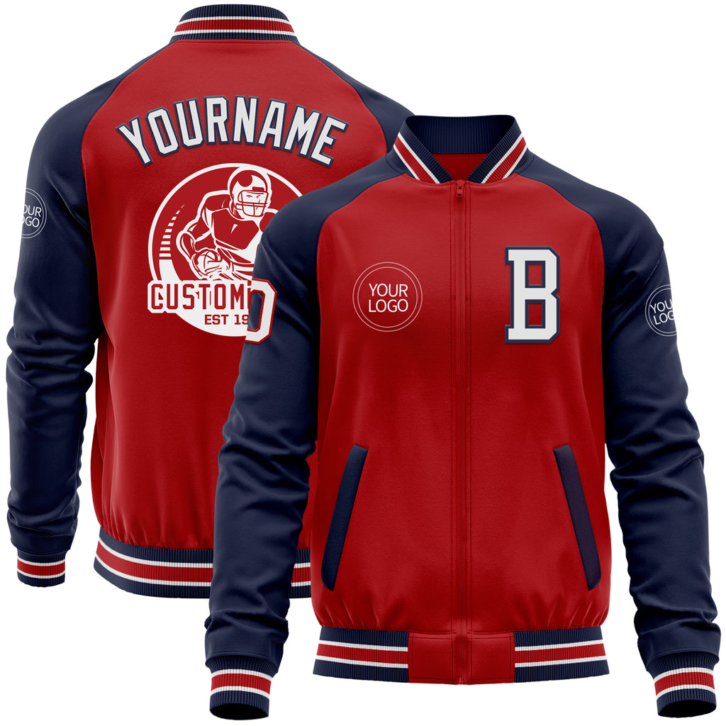 Custom Red White-Navy Bomber Varsity Letterman Two Tone Zipper Jacket