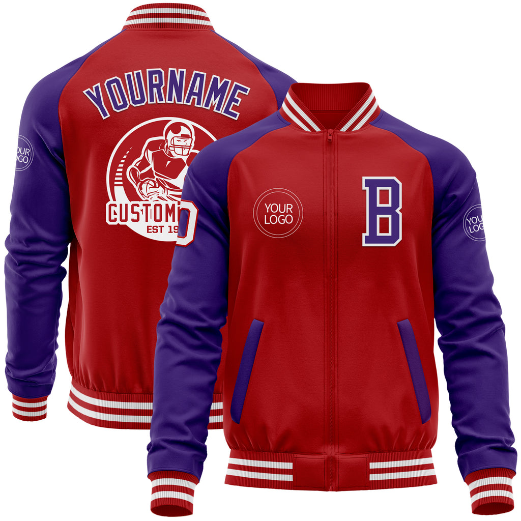 Custom Red Purple-White Bomber Varsity Letterman Two Tone Zipper Jacket