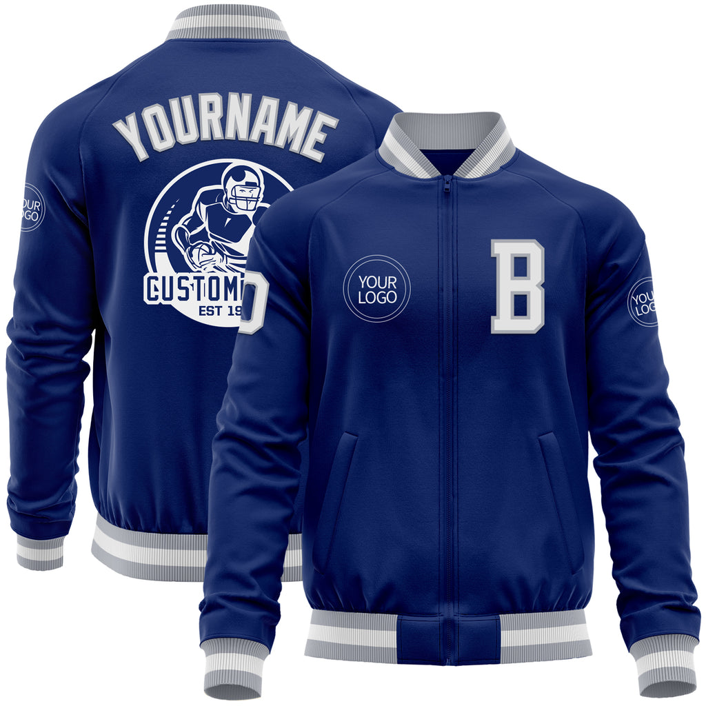 Custom Royal White-Gray Bomber Varsity Letterman Zipper Jacket