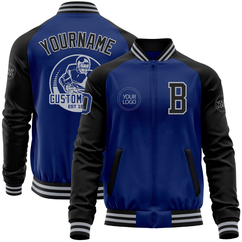 Custom Royal Black-Gray Bomber Varsity Letterman Two Tone Zipper Jacket