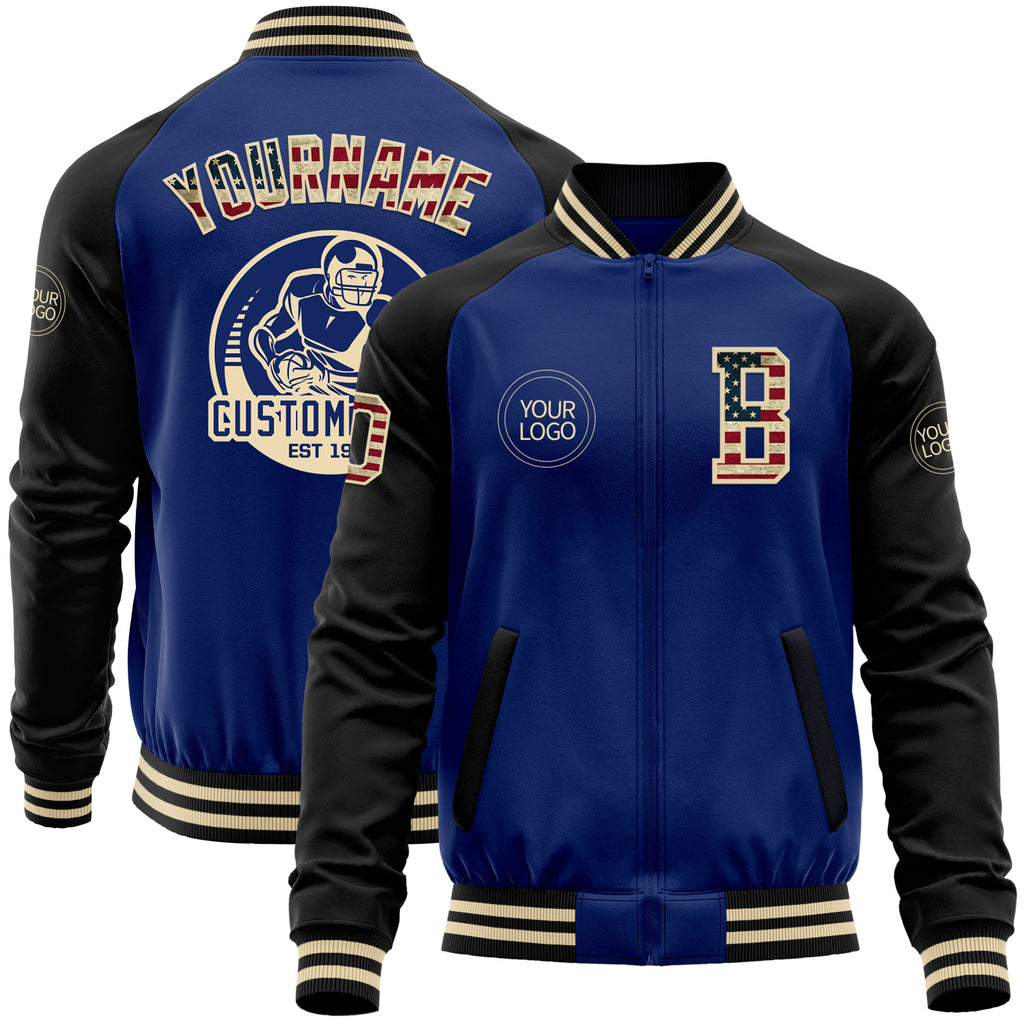 Custom Royal Vintage USA Flag Cream-Black Bomber Varsity Letterman Two Tone Zipper Jacket