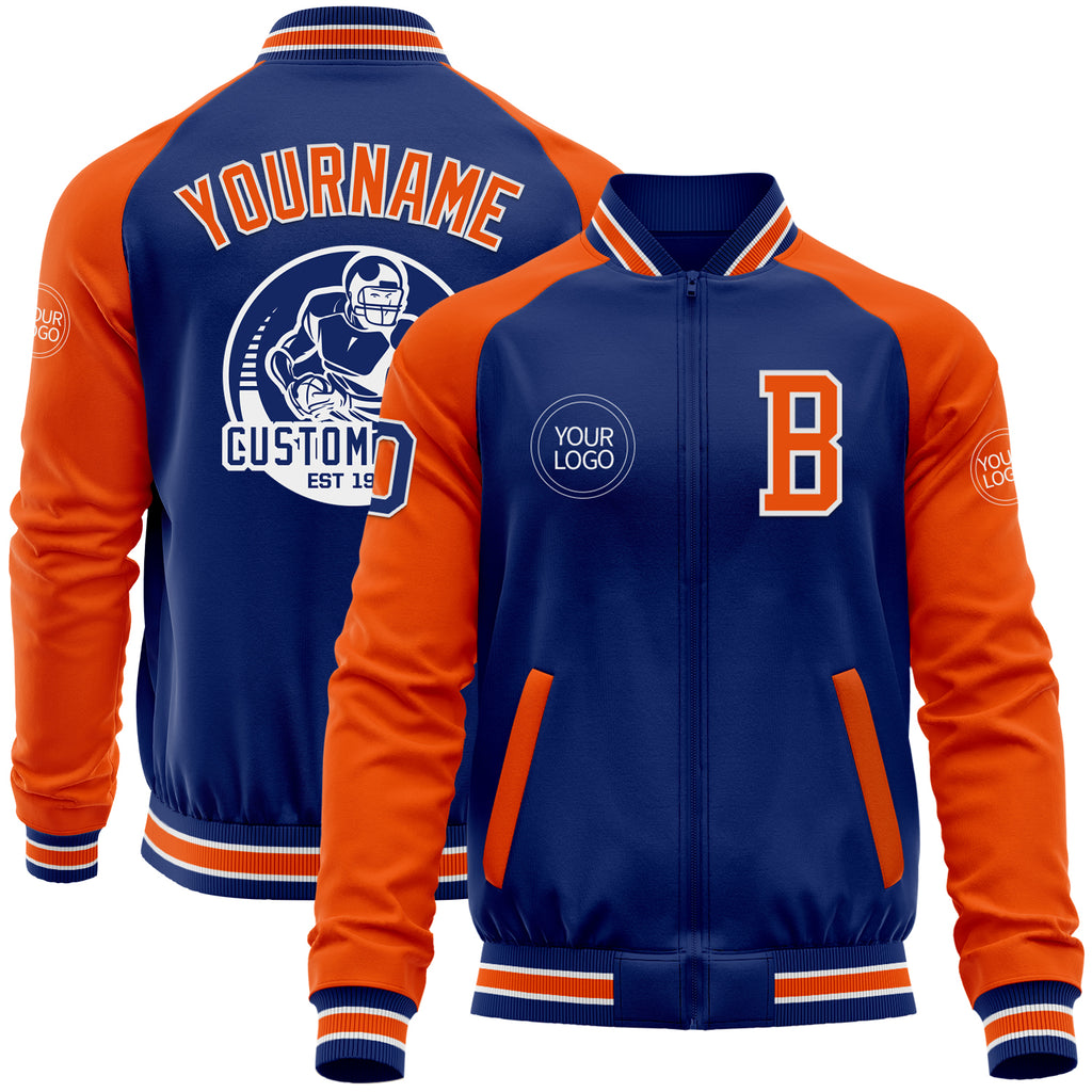 Custom Royal Orange-White Bomber Varsity Letterman Two Tone Zipper Jacket