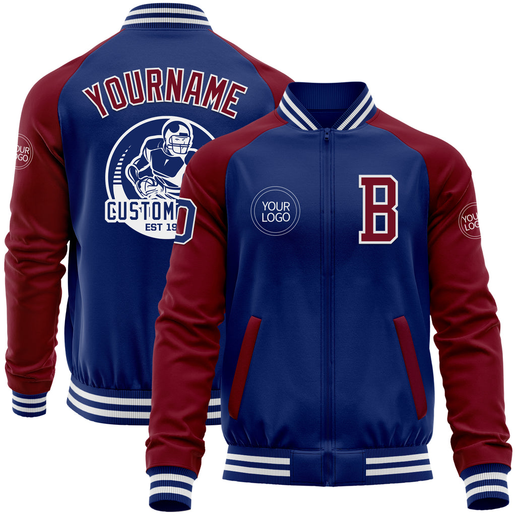 Custom Royal Crimson-White Bomber Varsity Letterman Two Tone Zipper Jacket