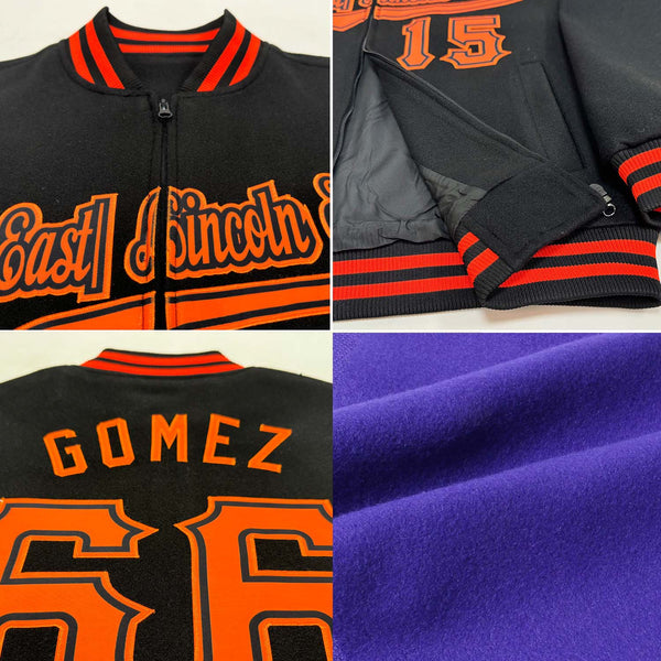 Custom Purple Black-White Bomber Varsity Letterman Zipper Jacket