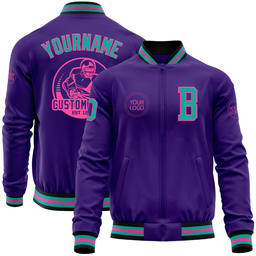 Custom Purple Aqua Pink-Black Bomber Varsity Letterman Zipper Jacket