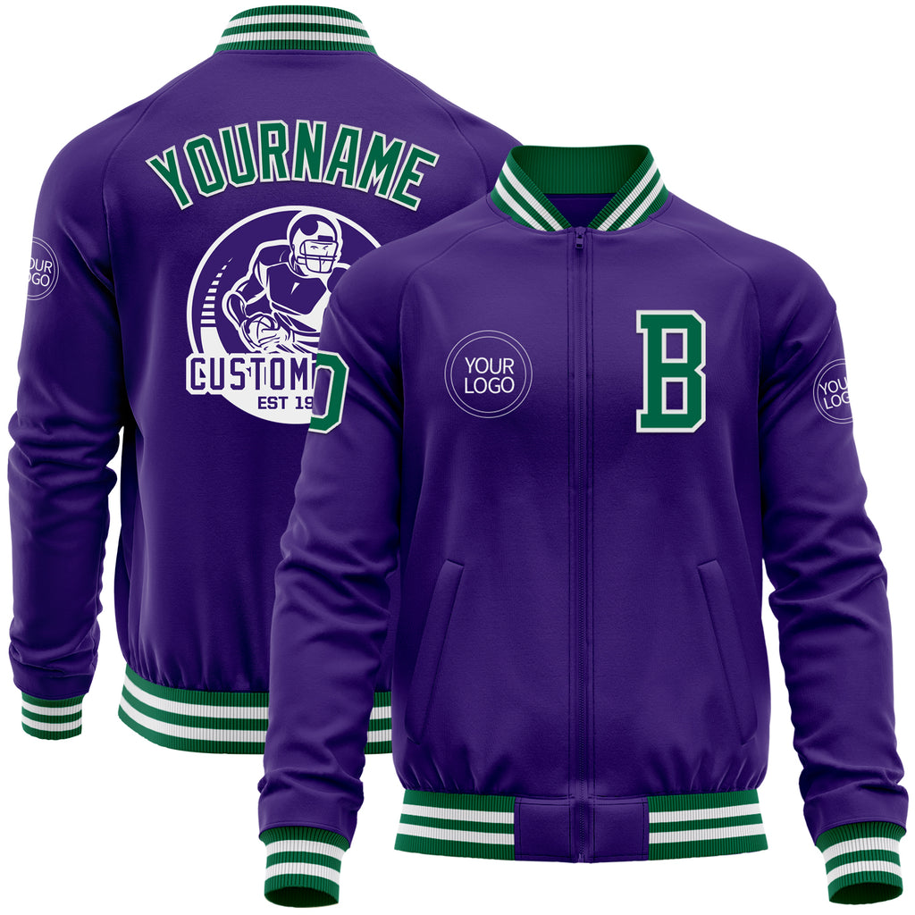 Custom Purple Kelly Green-White Bomber Varsity Letterman Zipper Jacket