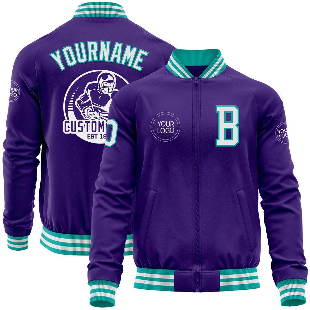 Custom Purple White-Aqua Bomber Varsity Letterman Zipper Jacket