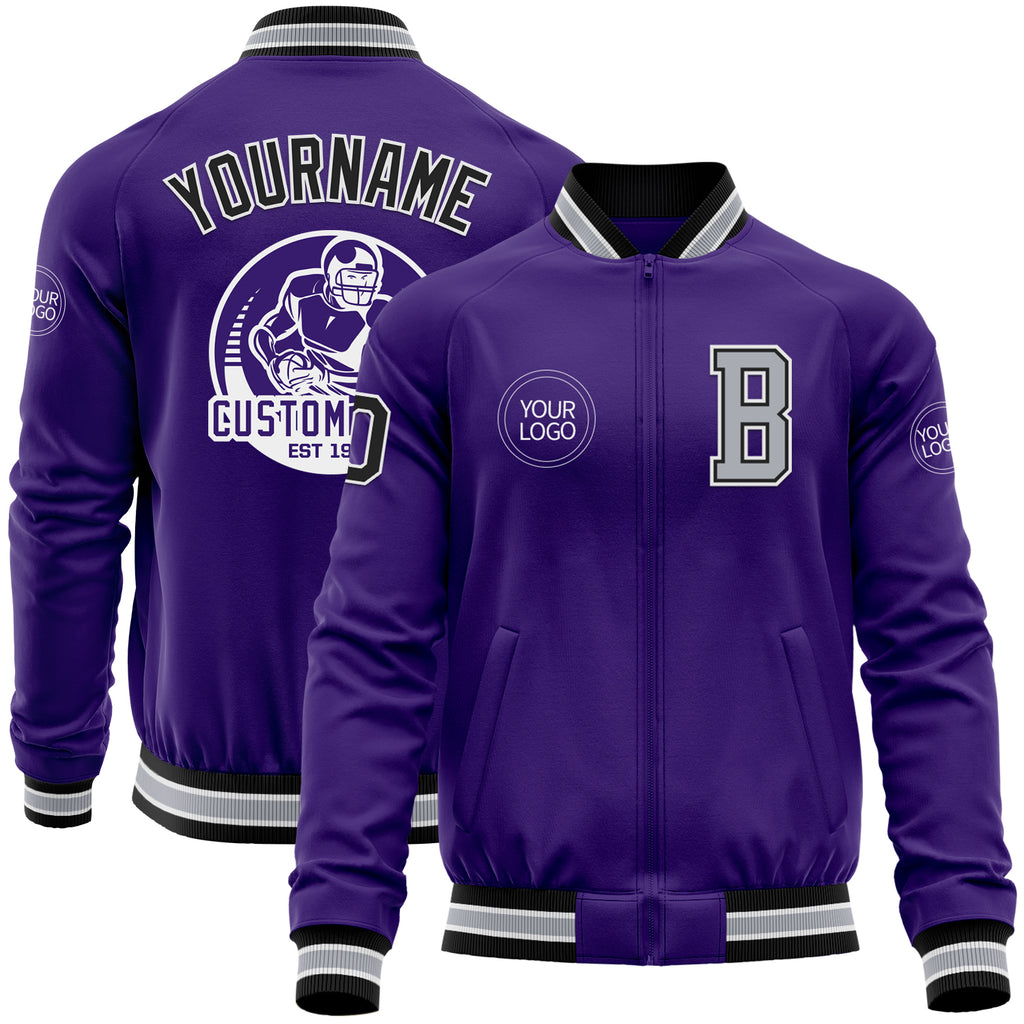 Custom Purple Black-Gray Bomber Varsity Letterman Zipper Jacket