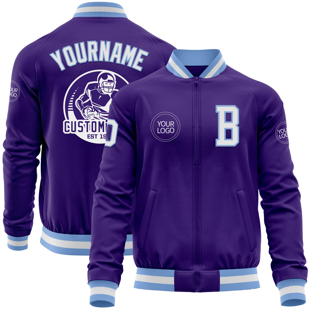 Custom Purple White-Light Blue Bomber Varsity Letterman Zipper Jacket