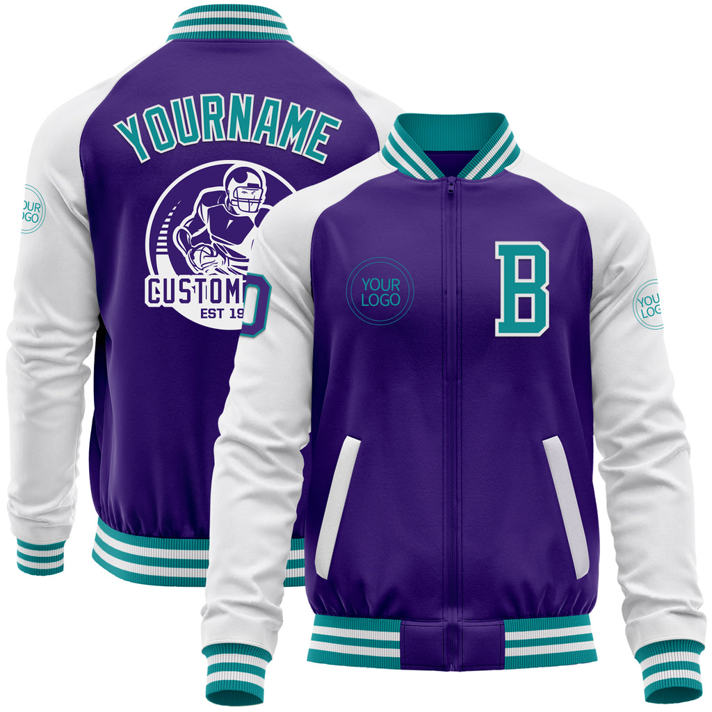 Custom Purple Teal-White Bomber Varsity Letterman Two Tone Zipper Jacket