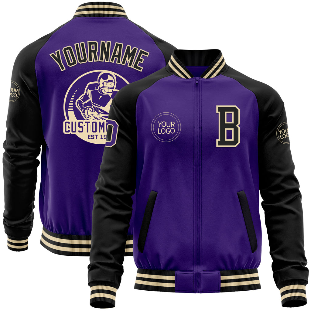 Custom Purple Black-Cream Bomber Varsity Letterman Two Tone Zipper Jacket