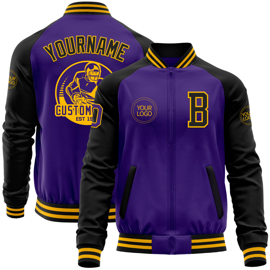 Custom Purple Black-Gold Bomber Varsity Letterman Two Tone Zipper Jacket