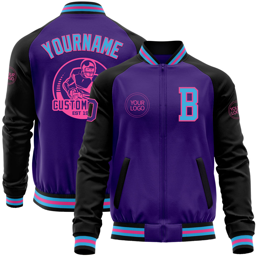 Custom Purple Sky Blue Pink-Black Bomber Varsity Letterman Two Tone Zipper Jacket