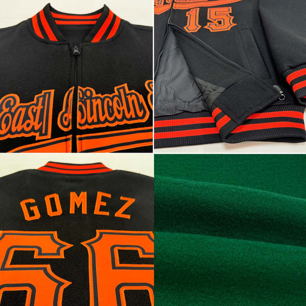 Custom Kelly Green Black-Old Gold Bomber Varsity Letterman Zipper Jacket