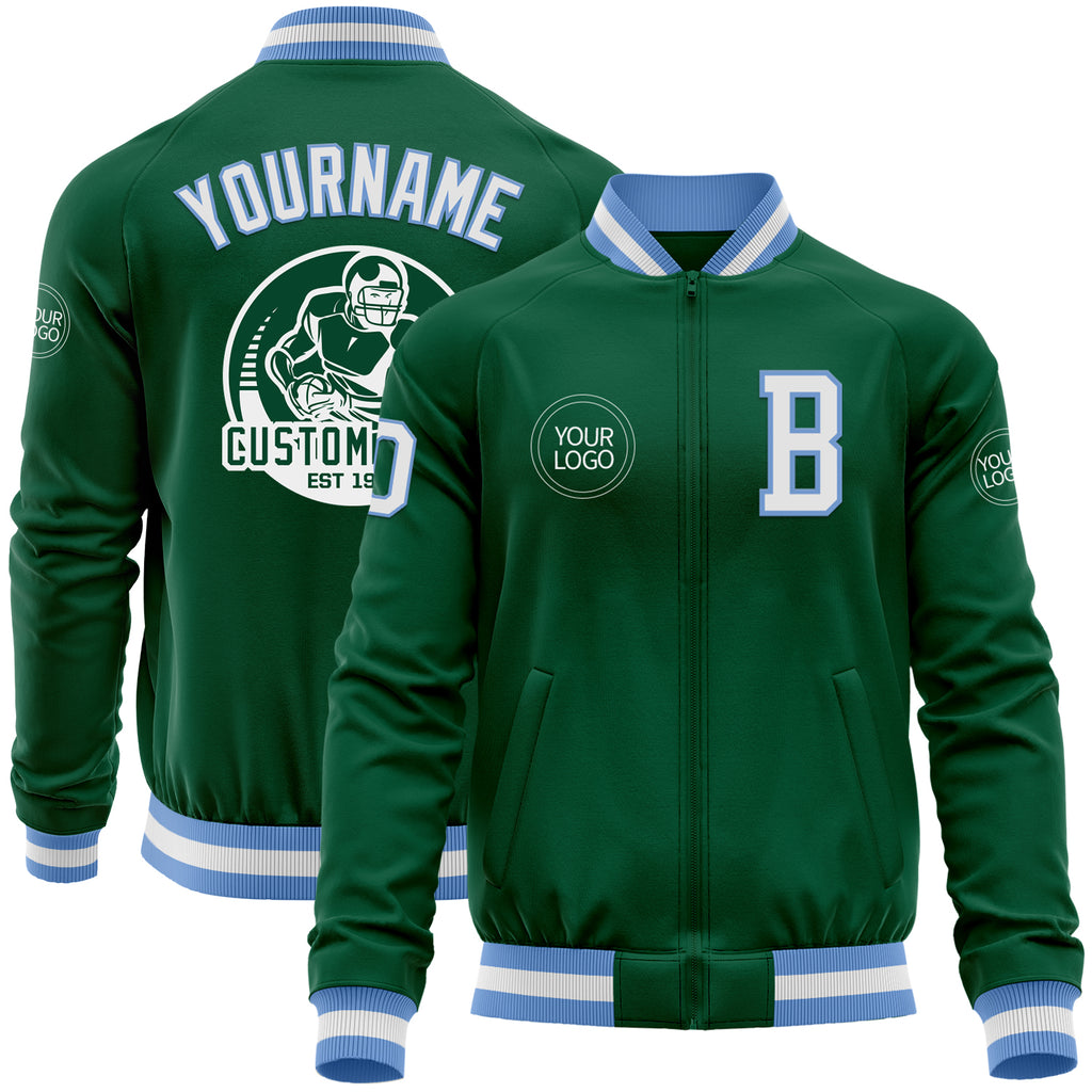 Custom Kelly Green White-Light Blue Bomber Varsity Letterman Zipper Jacket