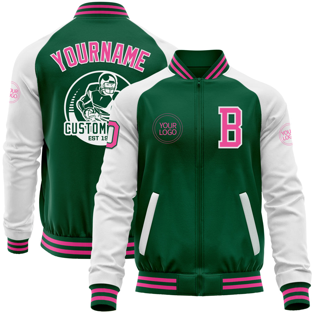 Custom Kelly Green Pink-White Bomber Varsity Letterman Two Tone Zipper Jacket