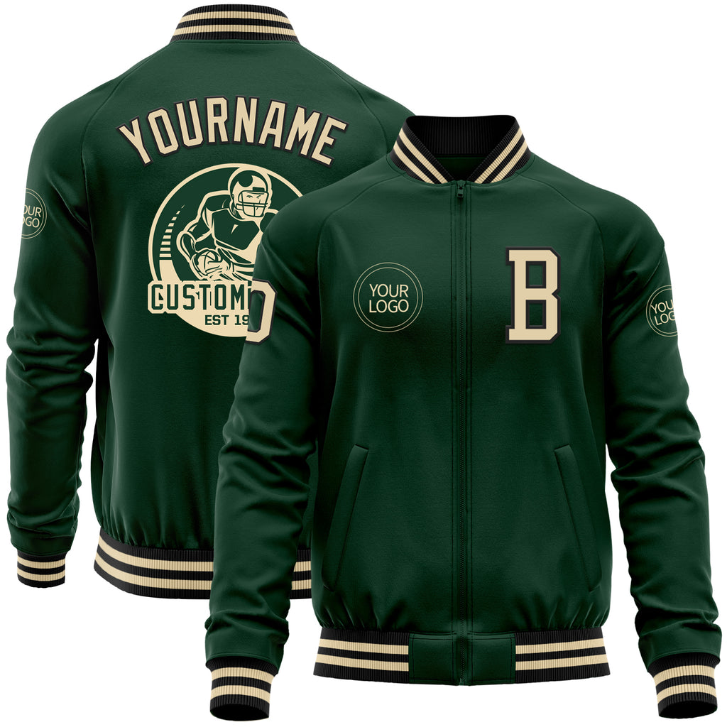 Custom Green Cream-Black Bomber Varsity Letterman Zipper Jacket