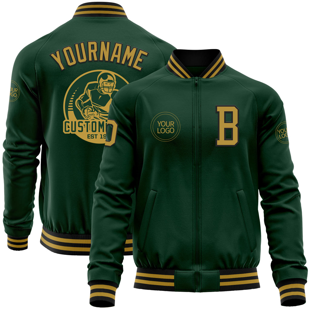 Custom Green Old Gold-Black Bomber Varsity Letterman Zipper Jacket