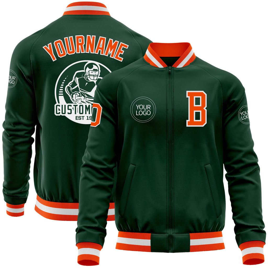 Custom Green Orange-White Bomber Varsity Letterman Zipper Jacket