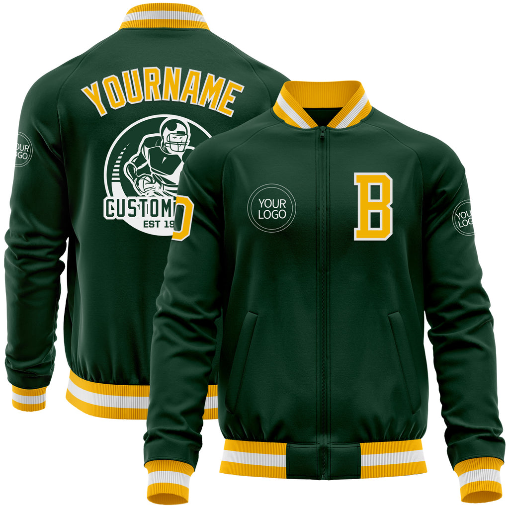 Custom Green Gold-White Bomber Varsity Letterman Zipper Jacket