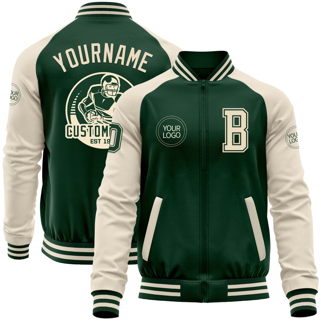 Custom Green Cream Bomber Varsity Letterman Two Tone Zipper Jacket