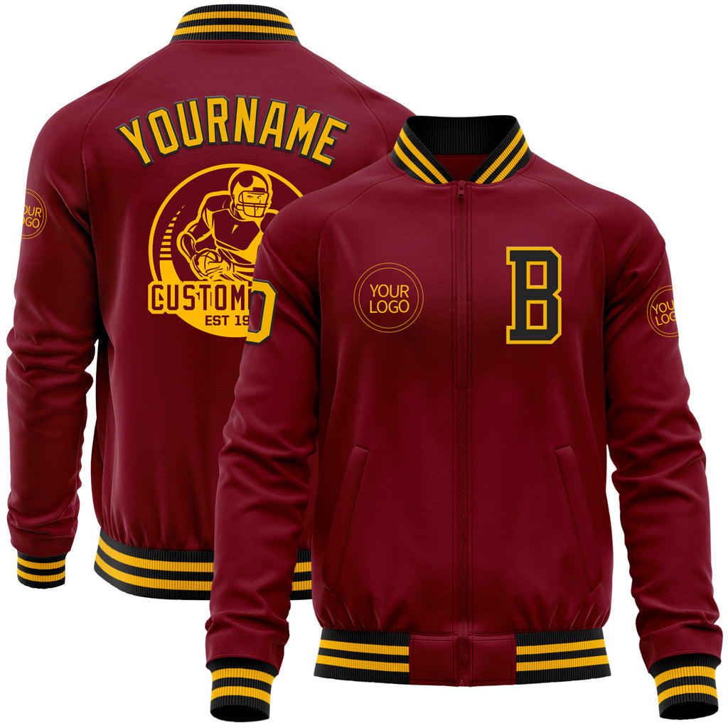 Custom Crimson Gold-Black Bomber Varsity Letterman Zipper Jacket