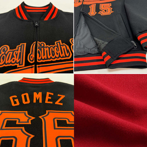 Custom Crimson City Cream-Black Bomber Varsity Letterman Zipper Jacket