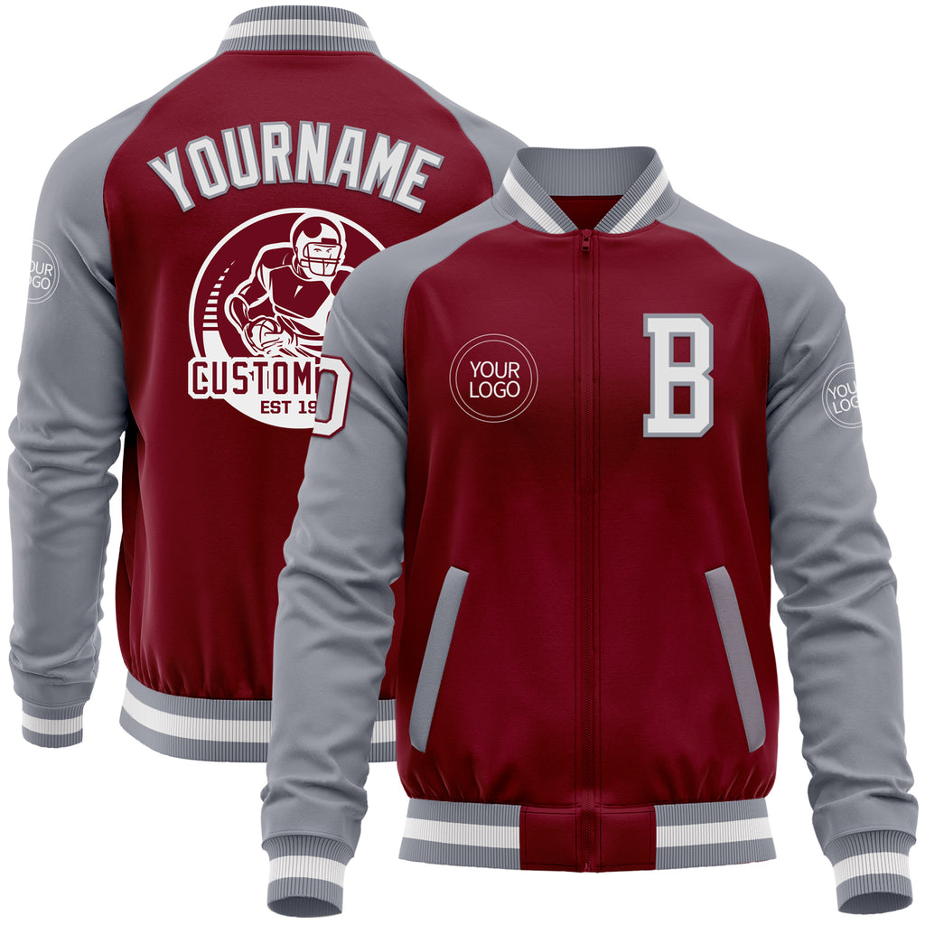 Custom Crimson White-Gray Bomber Varsity Letterman Two Tone Zipper Jacket