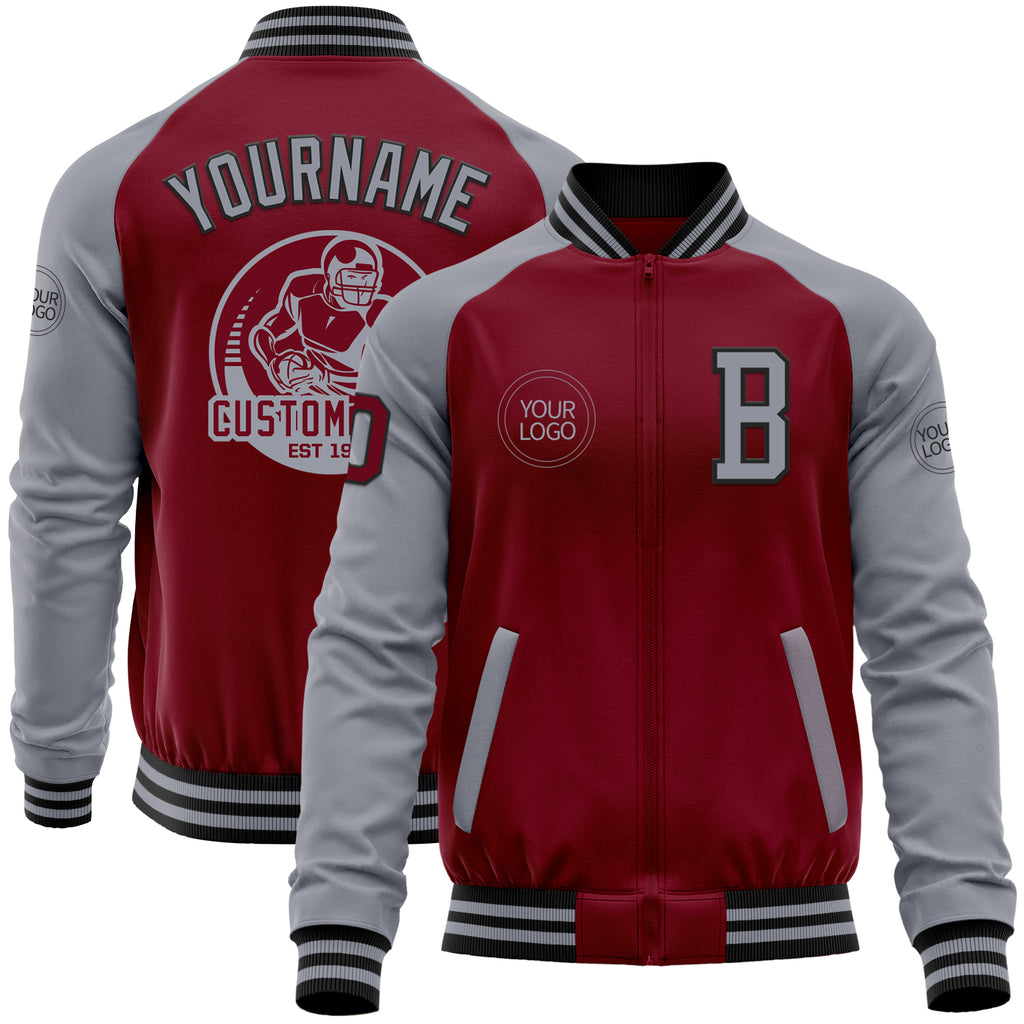 Custom Crimson Gray-Black Bomber Varsity Letterman Two Tone Zipper Jacket