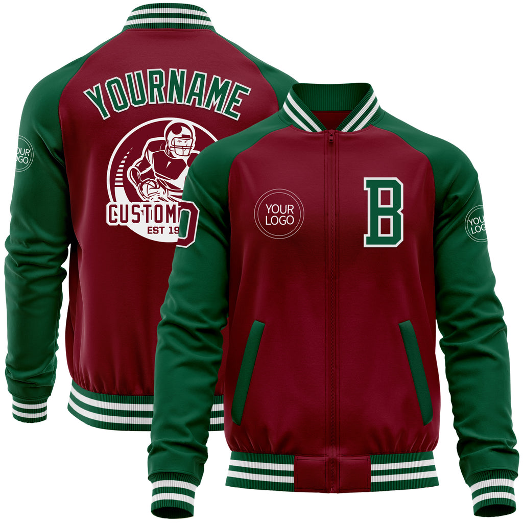 Custom Crimson Kelly Green-White Bomber Varsity Letterman Two Tone Zipper Jacket