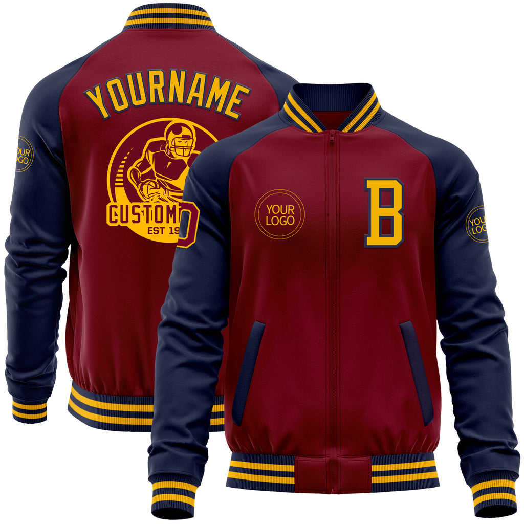 Custom Crimson Gold-Navy Bomber Varsity Letterman Two Tone Zipper Jacket