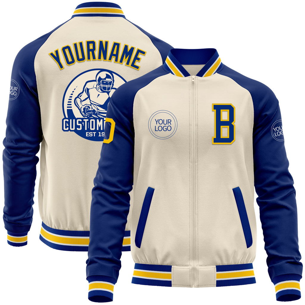 Custom Cream Yellow Royal-White Bomber Varsity Letterman Two Tone Zipper Jacket