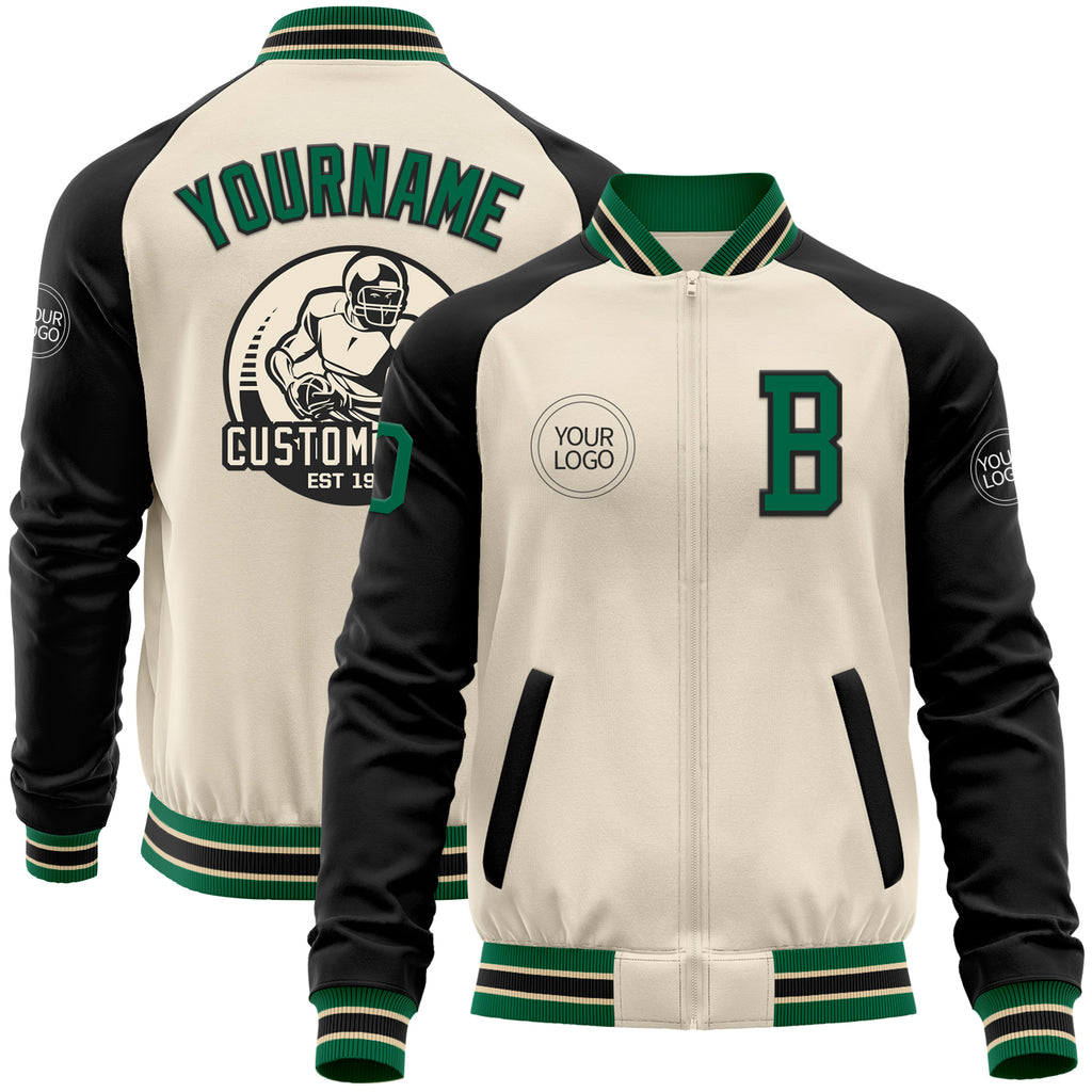 Custom Cream Kelly Green-Black Bomber Varsity Letterman Two Tone Zipper Jacket