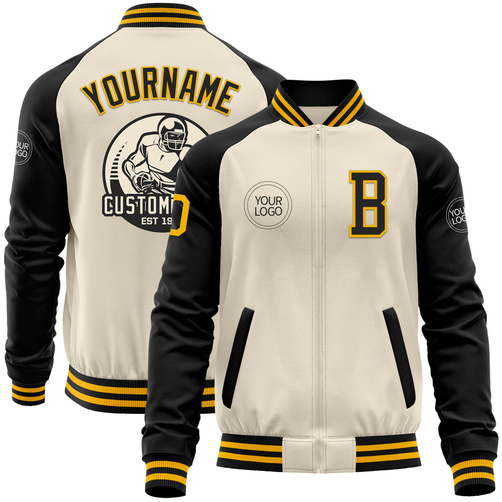 Custom Cream Gold-Black Bomber Varsity Letterman Two Tone Zipper Jacket