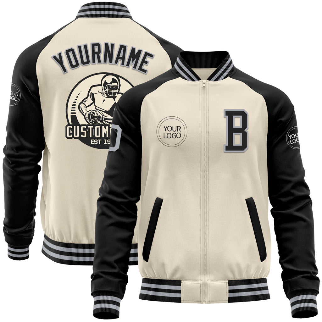 Custom Cream Gray-Black Bomber Varsity Letterman Two Tone Zipper Jacket