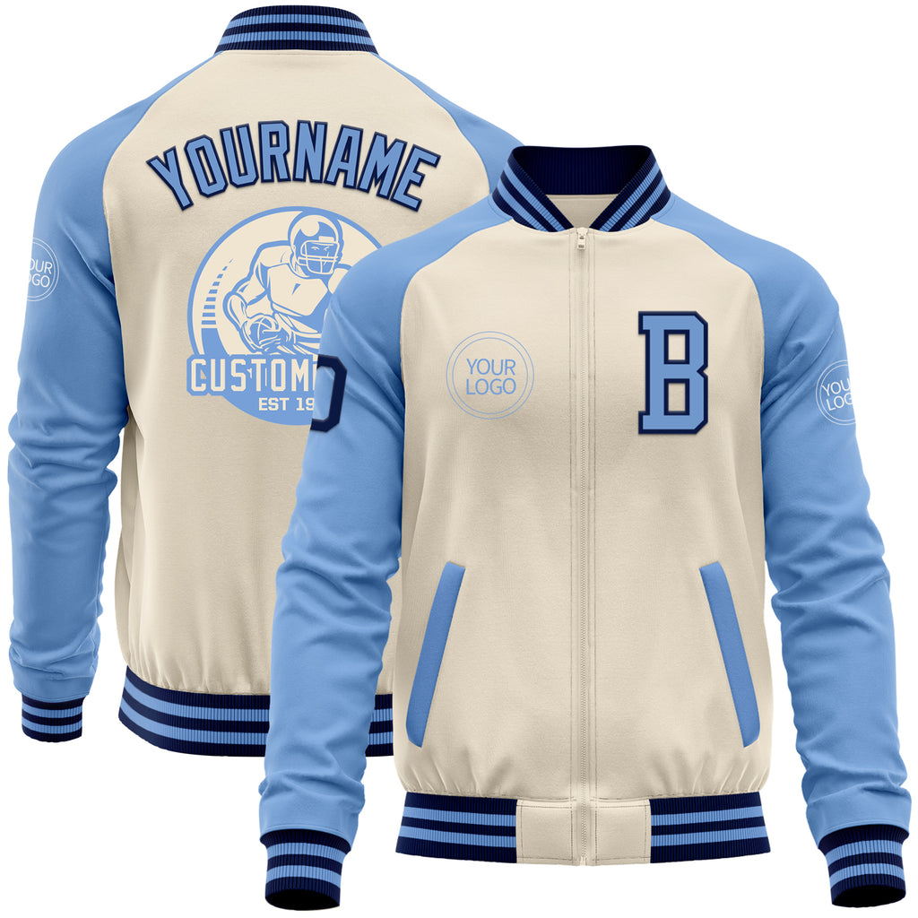 Custom Cream Navy-Light Blue Bomber Varsity Letterman Two Tone Zipper Jacket