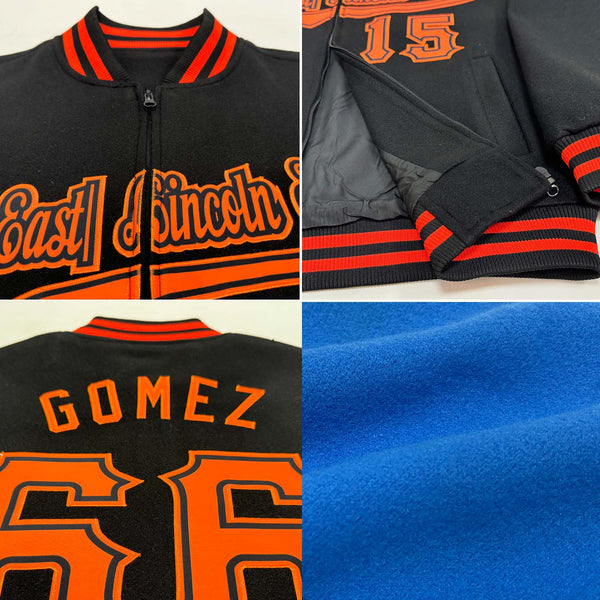 Custom Powder Blue Navy-Orange Bomber Varsity Letterman Zipper Jacket