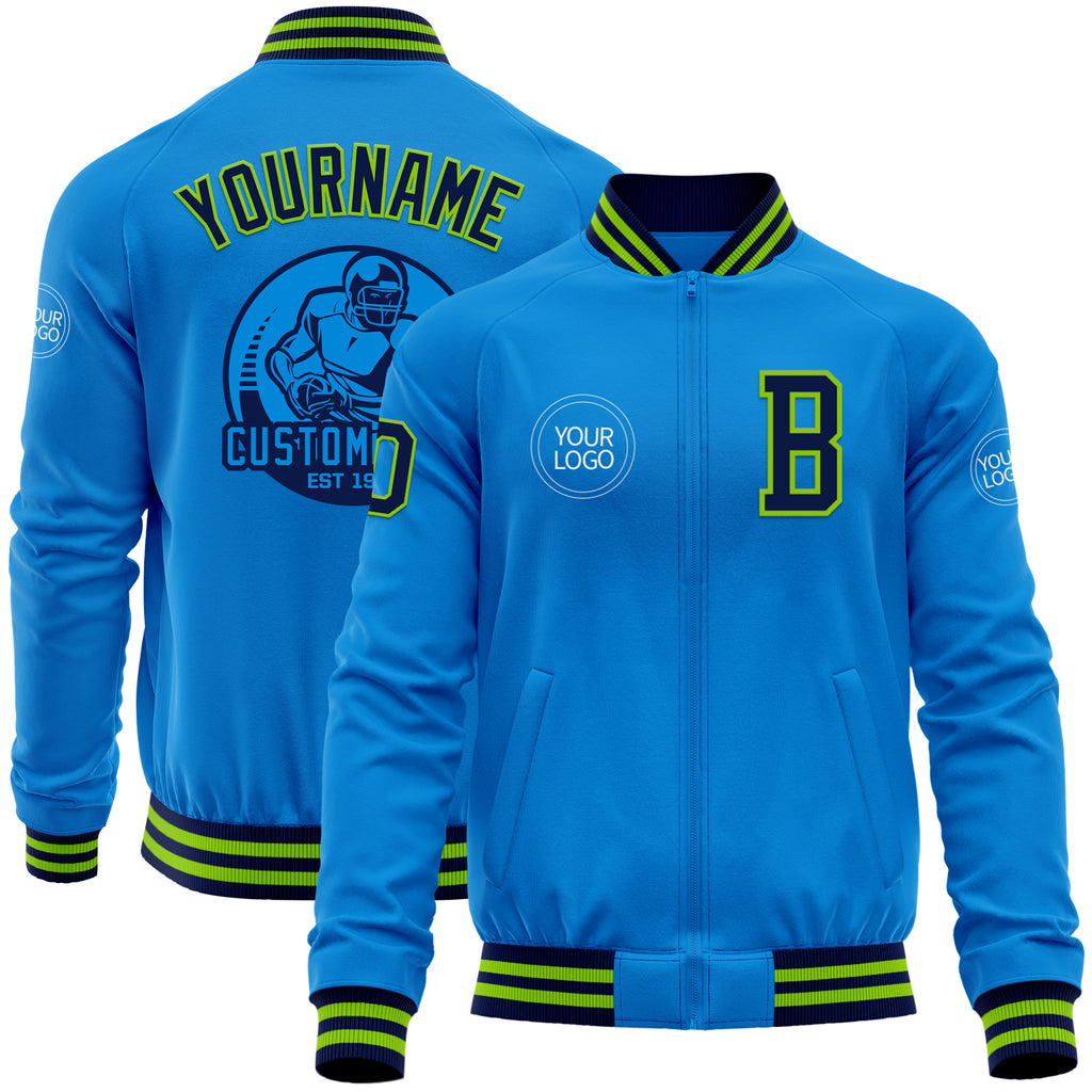 Custom Powder Blue Navy-Neon Green Bomber Varsity Letterman Zipper Jacket