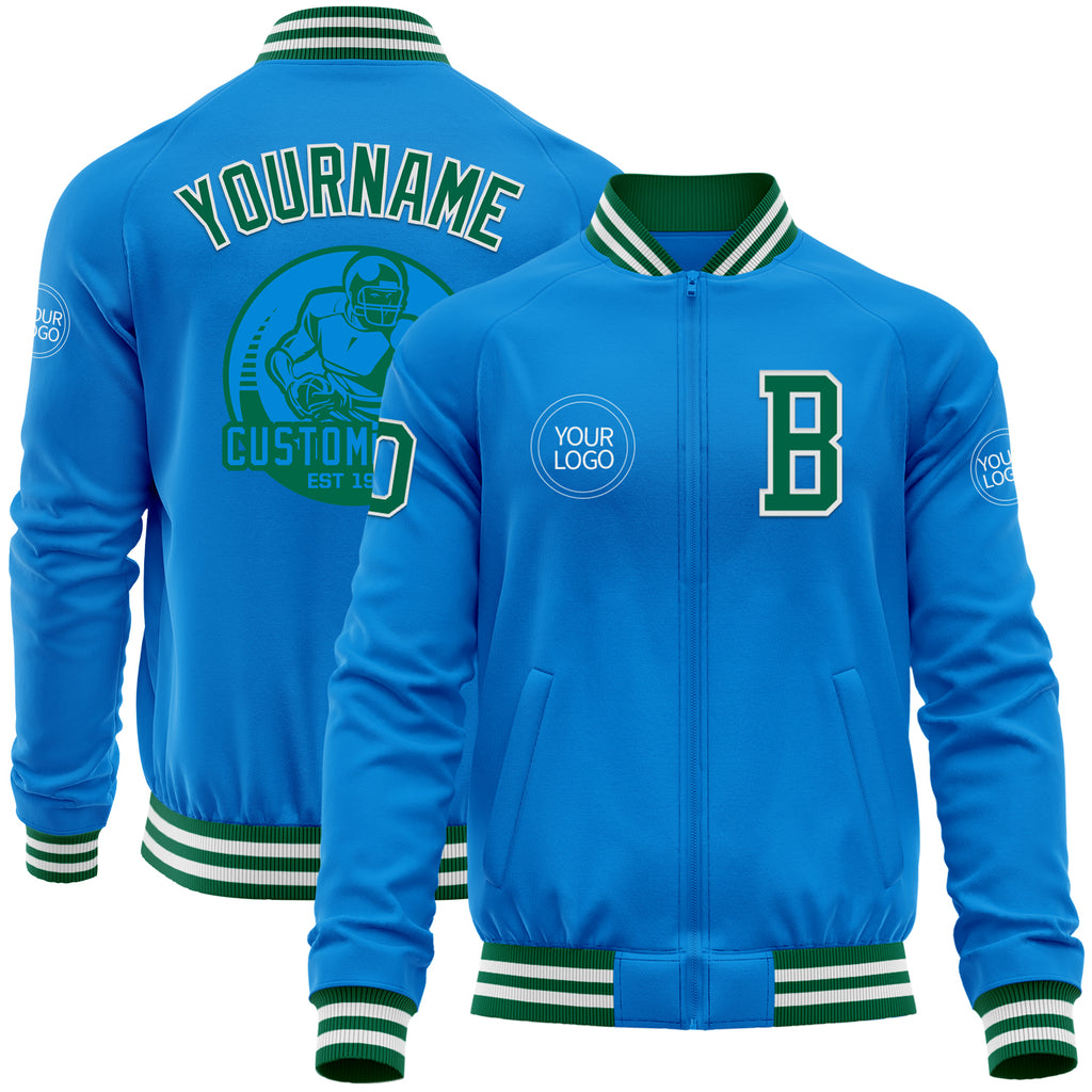 Custom Powder Blue Kelly Green-White Bomber Varsity Letterman Zipper Jacket