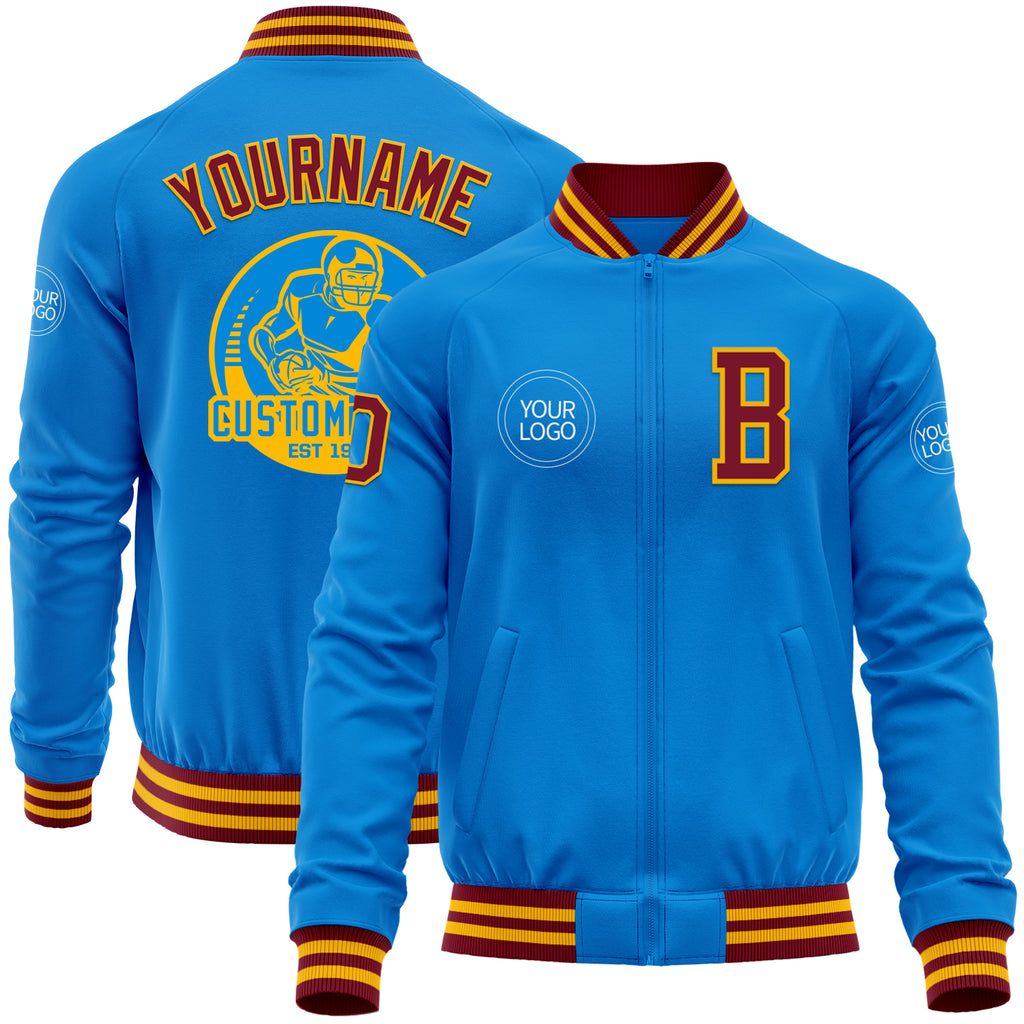 Custom Powder Blue Crimson-Gold Bomber Varsity Letterman Zipper Jacket