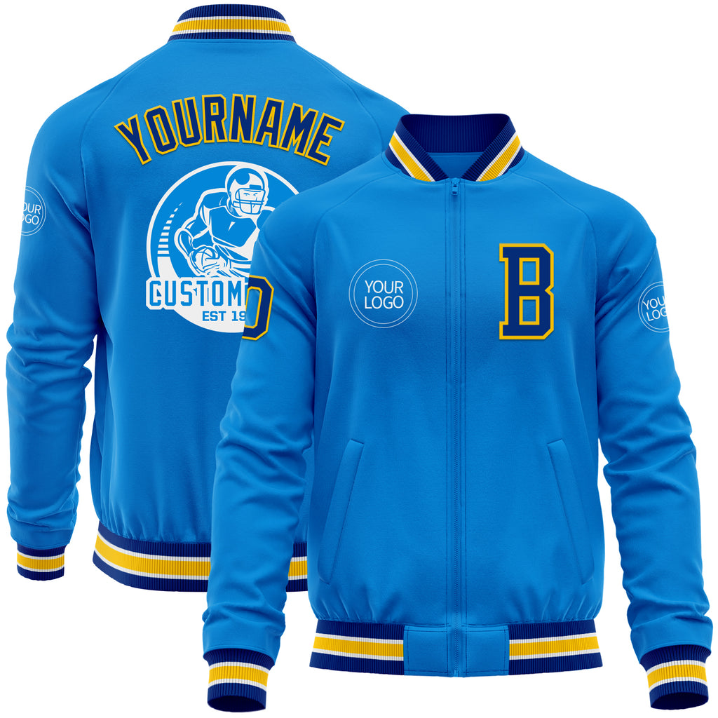 Custom Powder Blue Royal-Yellow Bomber Varsity Letterman Zipper Jacket