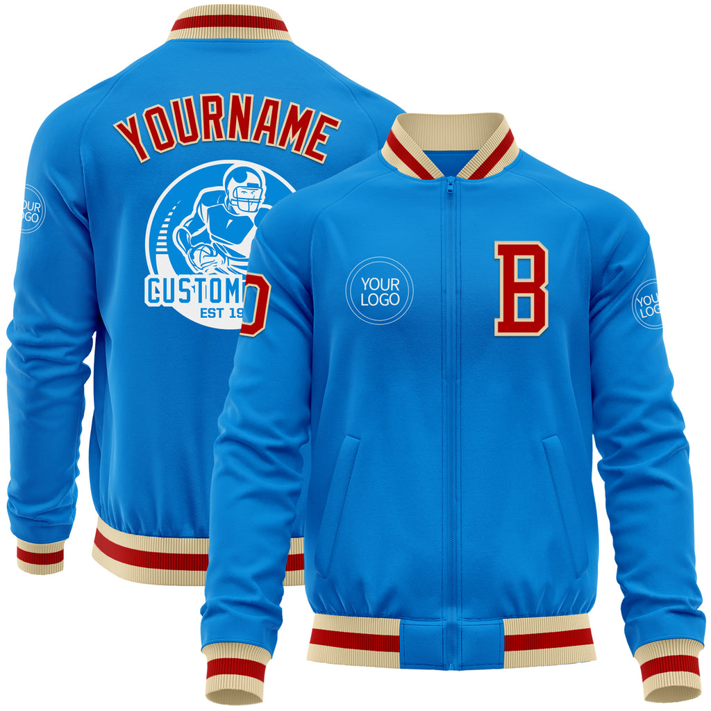 Custom Powder Blue Red-Cream Bomber Varsity Letterman Zipper Jacket