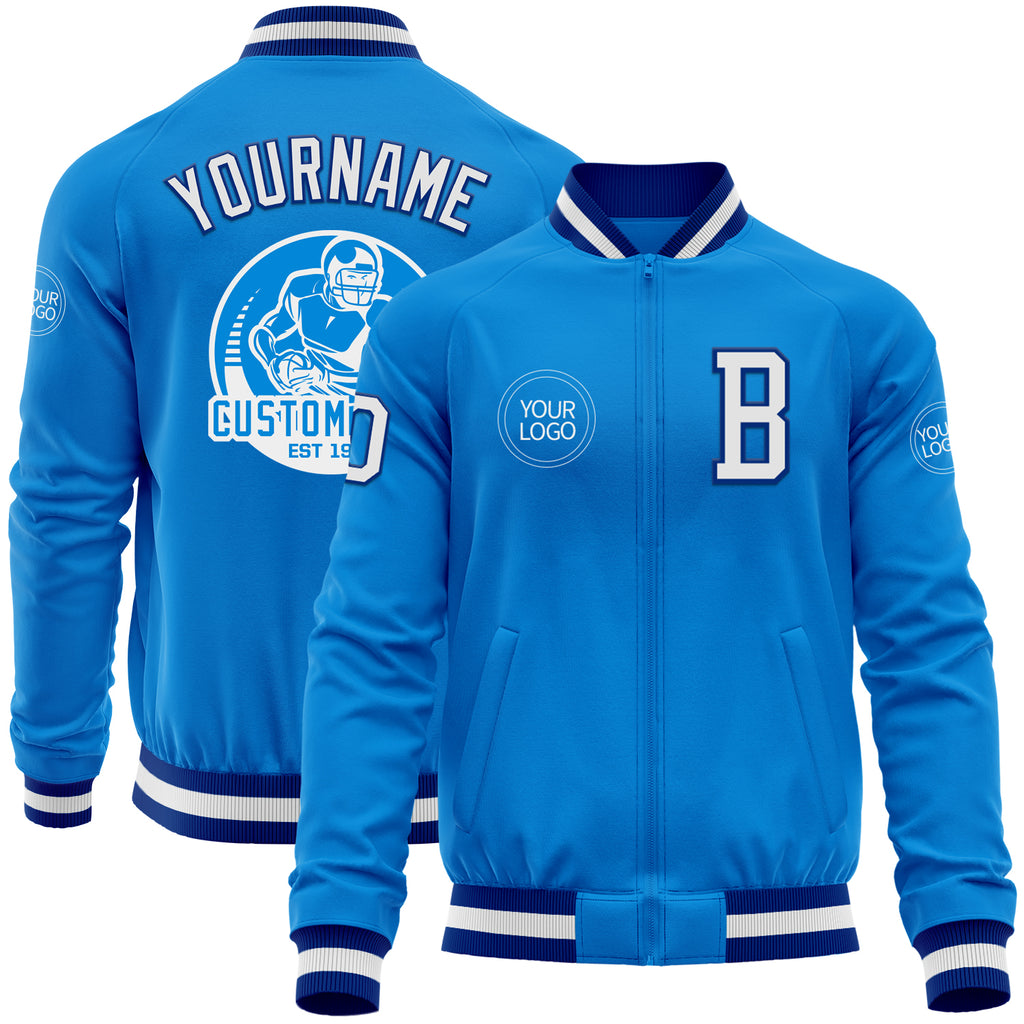 Custom Powder Blue White-Royal Bomber Varsity Letterman Zipper Jacket