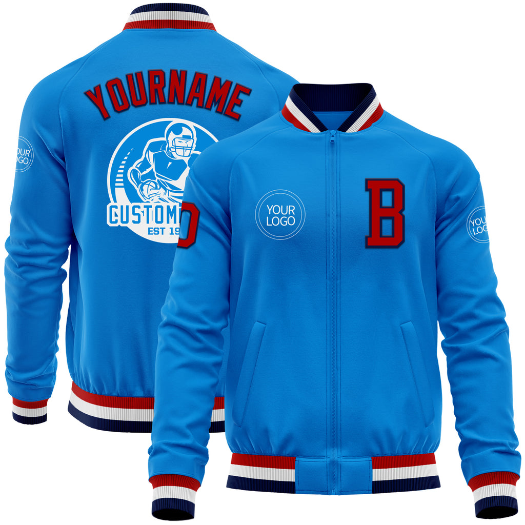 Custom Powder Blue Red-Navy Bomber Varsity Letterman Zipper Jacket