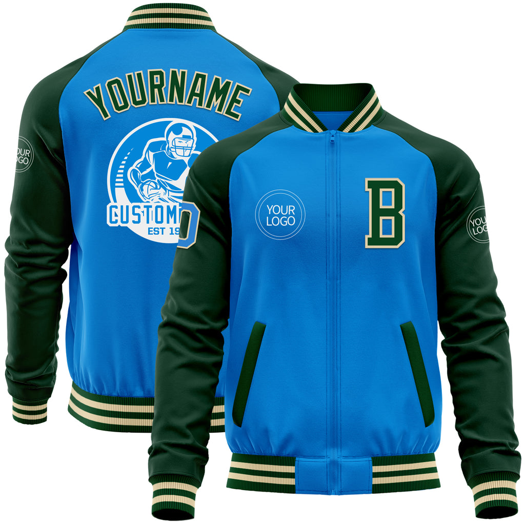 Custom Powder Blue Cream-Green Bomber Varsity Letterman Two Tone Zipper Jacket