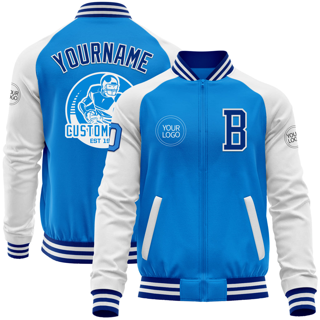 Custom Powder Blue Royal-White Bomber Varsity Letterman Two Tone Zipper Jacket